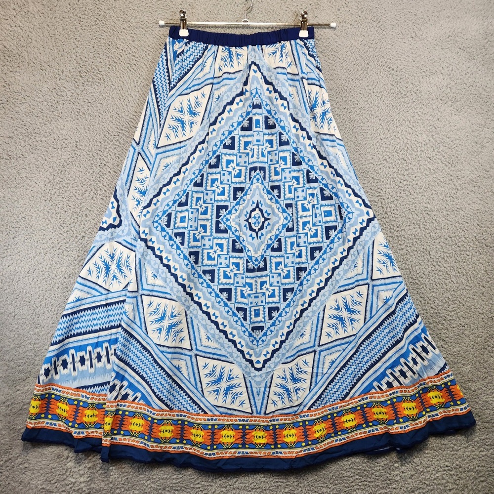 MAGIC Maxi Skirt Geometric Blue White Orange Boho Elastic‎ Waist Womens Large